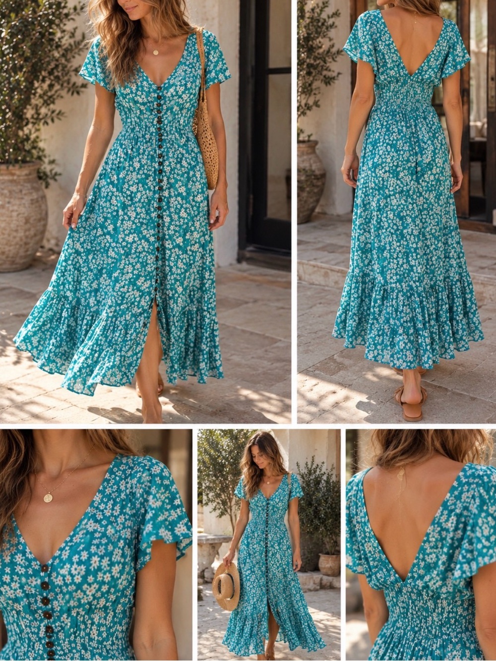 Tiare Hawaii Blue White Backless Maxi Dress - Picture 5 of 5